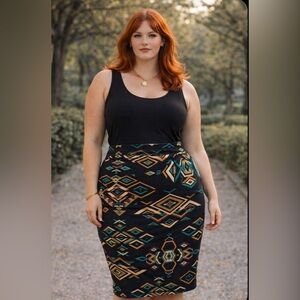 Stretch knit pencil skirt- southwest geometric print- black/gold/teal - large